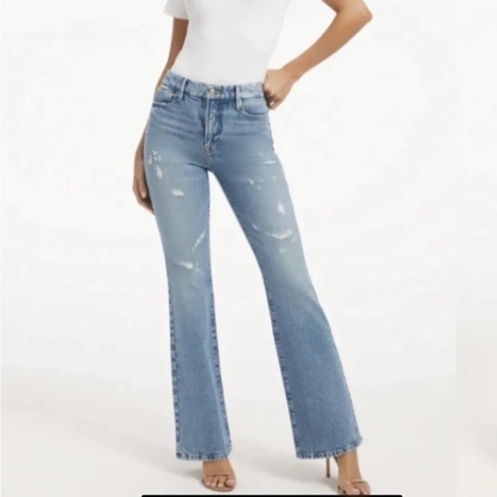 Good American Size 2 Good Classic Medium Wash Distressed Straight Leg Denim Jean